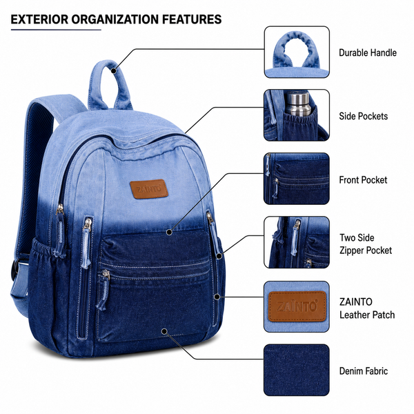 ZAINTO Denim Backpack for Women – Durable Everyday College Bag