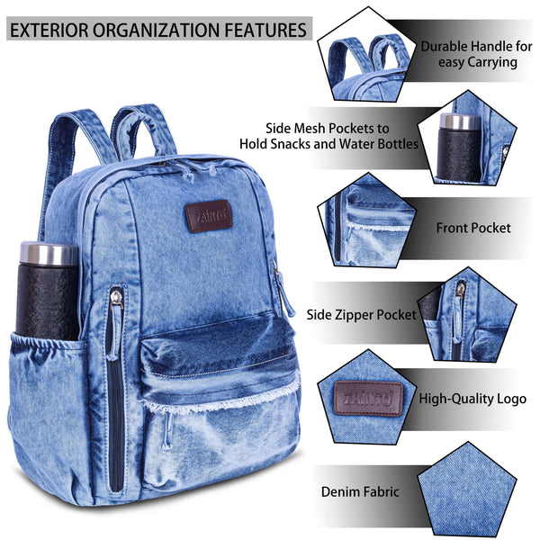 ZAINTO® Denim Backpack for Women | Stylish College Bag | Eco-Friendly Upcycled Office Backpack | Lightweight Blue Jeans Bag for Girls | Vintage, Durable & Spacious Daily Backpack