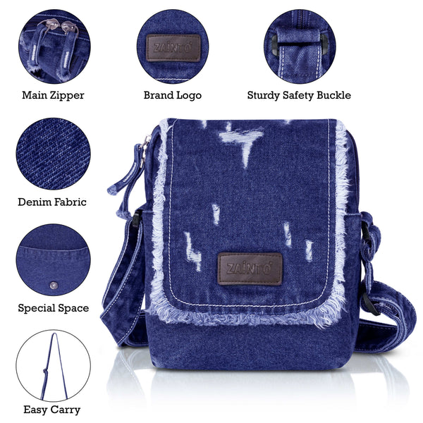 ZAINTO Stylish Denim Crossbody Sling Bag for Women & Girls – Casual Fringe Shoulder Bag with Adjustable Strap