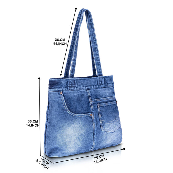 ZAINTO® Denim Tote Bag for Women with Zip | Stylish Shoulder Bag for College, Work & Travel | Eco-Friendly, Spacious, Washable Jean Handbag with Pockets