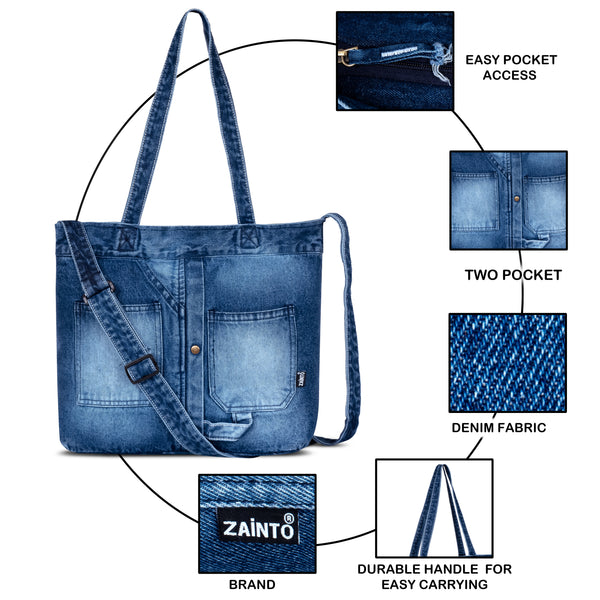 ZAINTO Premium Denim Tote Bag for Women & Girls – Eco-Friendly, Stylish & Spacious Handbag – Washable Like Jeans
