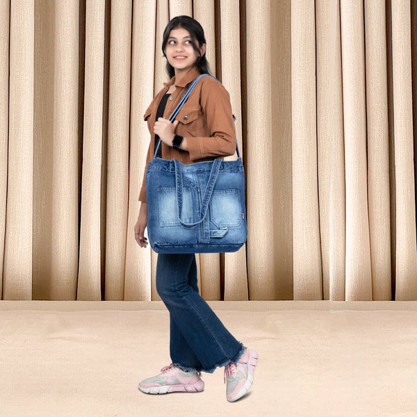 ZAINTO Premium Denim Tote Bag for Women & Girls – Eco-Friendly, Stylish & Spacious Handbag – Washable Like Jeans