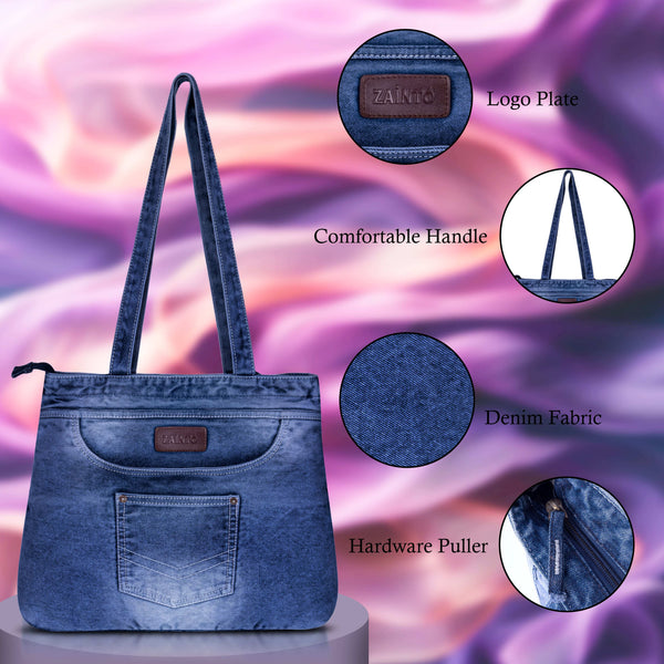 ZAINTO® Denim Tote Bag for Women with Zip | Eco-Friendly College & Office Shoulder Bag | Lightweight, Spacious & Stylish Daily Carryall | Durable Blue Jean Handbag for Girls & Ladies