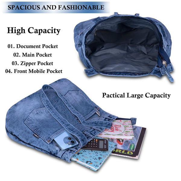ZAINTO® Women's Denim Tote Bag with Zip Closure | Stylish, Spacious & Durable Shoulder Bag for College, Work & Travel | Eco-Friendly, Lightweight & Reusable Blue Jean Handbag