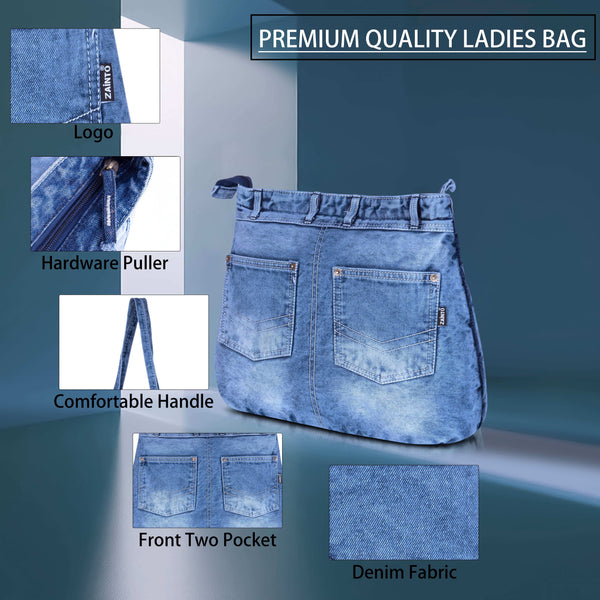 ZAINTO® Women's Denim Tote Bag with Zip Closure | Stylish, Spacious & Durable Shoulder Bag for College, Work & Travel | Eco-Friendly, Lightweight & Reusable Blue Jean Handbag